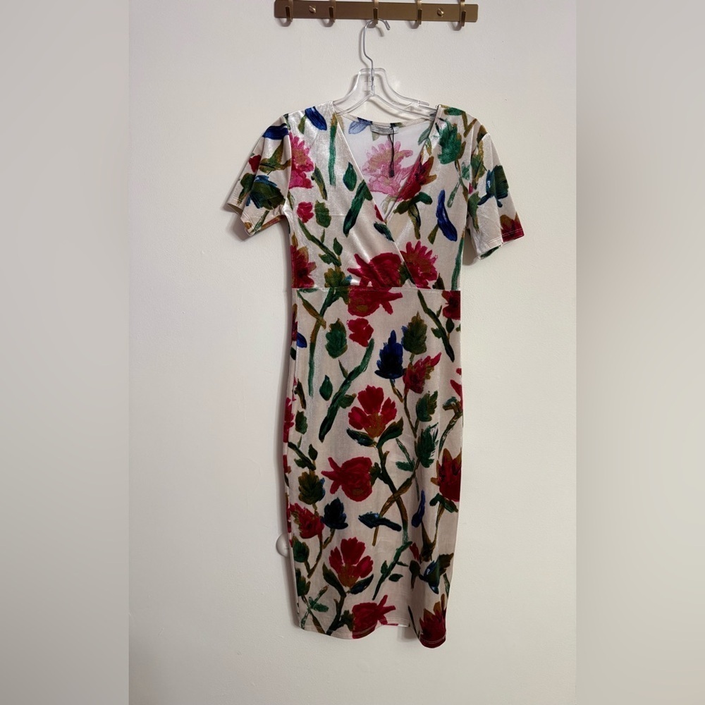Zara Trafal Velvet Cream Burgundy Navy Floral V-Neck Midi Women’s Dress Medium M - Picture 1 of 5